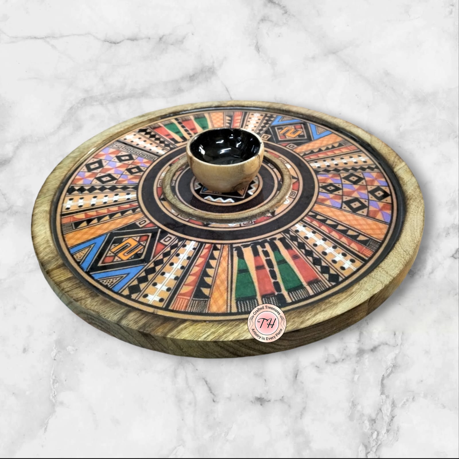 Beautiful Mango multicolor wood platter with chutney/ sauce bowl for snacks/ serving/ gift item